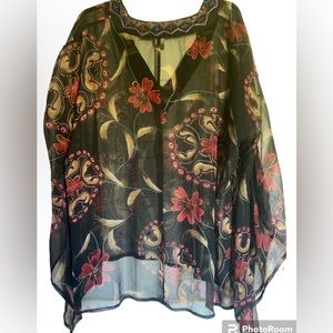 CHICO'S sheer blouse, size 2. Black, floral print and sequins.